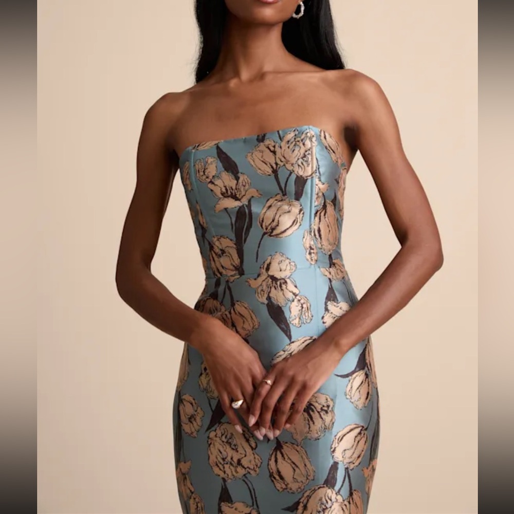 Gowning Around Slate Blue Floral Jacquard Strapless Maxi Dress - Picture 5 of 9